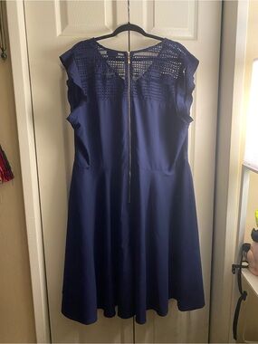 City Chic Navy Crochet Yoke Fit & Flare Dress retro style